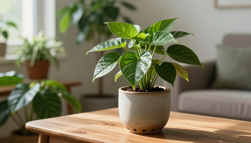 A beautiful indoor plant, showcasing lush green leaves and vibrant foliage, positioned in a decorative ceramic pot on a stylish wooden table. In the foreground, focus on the pot, which has drainage holes at the bottom to emphasize proper substrate and drainage for plant health. The middle ground features additional indoor plants with varying textures and shapes, creating a harmonious composition that highlights their beauty. Soft, natural light filters in through a nearby window, casting gentle shadows and enhancing the rich colors of the leaves. The background is subtly blurred, hinting at a cozy living space with neutral tones and natural elements. The overall mood conveys tranquility and a connection to nature. By Maya. A beautiful indoor plant, showcasing lush green leaves and vibrant foliage, positioned in a decorative ceramic pot on a stylish wooden table. In the foreground, focus on the pot, which has drainage holes at the bottom to emphasize proper substrate and drainage for plant health. The middle ground features additional indoor plants with varying textures and shapes, creating a harmonious composition that highlights their beauty. Soft, natural light filters in through a nearby window, casting gentle shadows and enhancing the rich colors of the leaves. The background is subtly blurred, hinting at a cozy living space with neutral tones and natural elements. The overall mood conveys tranquility and a connection to nature. By Maya.