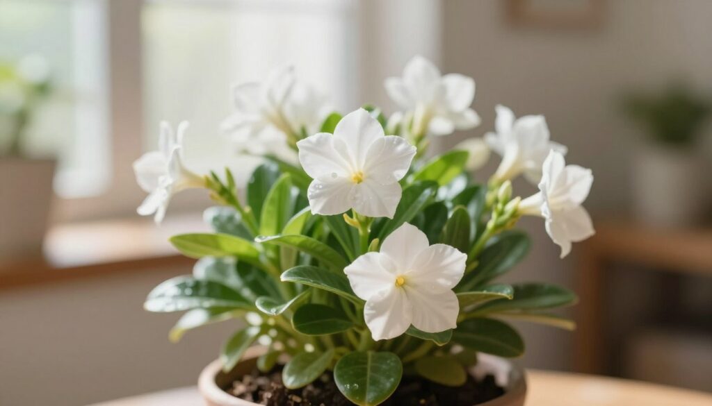 A beautiful potted plant featuring lush green leaves and elegant white flowers in various stages of bloom. In the foreground, focus on a single flower in full blossom, showcasing delicate petals that radiate an ethereal glow. In the middle ground, the cluster of blooms is highlighted softly, surrounded by vibrant foliage. The background is a softly blurred indoor setting with warm, diffused natural light streaming in from a nearby window, creating a peaceful atmosphere. Capture this scene with a gentle depth of field, emphasizing the plant and flowers, while keeping the surroundings pleasantly out of focus. The image should feel serene and inviting, ideal for a caring and nurturing environment. By Maya. A beautiful potted plant featuring lush green leaves and elegant white flowers in various stages of bloom. In the foreground, focus on a single flower in full blossom, showcasing delicate petals that radiate an ethereal glow. In the middle ground, the cluster of blooms is highlighted softly, surrounded by vibrant foliage. The background is a softly blurred indoor setting with warm, diffused natural light streaming in from a nearby window, creating a peaceful atmosphere. Capture this scene with a gentle depth of field, emphasizing the plant and flowers, while keeping the surroundings pleasantly out of focus. The image should feel serene and inviting, ideal for a caring and nurturing environment. By Maya.