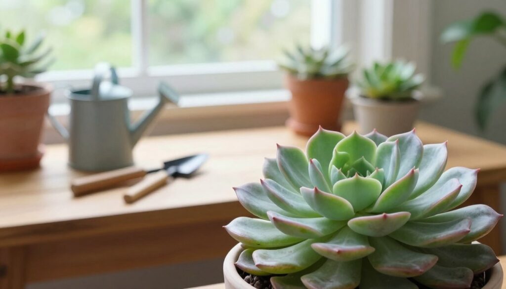 A beautiful, vibrant succulent plant displayed prominently in the foreground, showcasing various textures and hues of greens and purple. In the middle ground, a cozy, well-lit indoor setting with a wooden table, scattered gardening tools, and a small watering can, suggesting a relaxed atmosphere for plant care. At the background, a sunlit window filtering soft, natural light, casting gentle shadows. The overall scene conveys a sense of tranquility and ease, reflecting a simple and flexible routine for plant maintenance. Emphasize the nurturing aspect of caring for plants, highlighting essential elements like sunlight and gentle watering techniques. The branding 