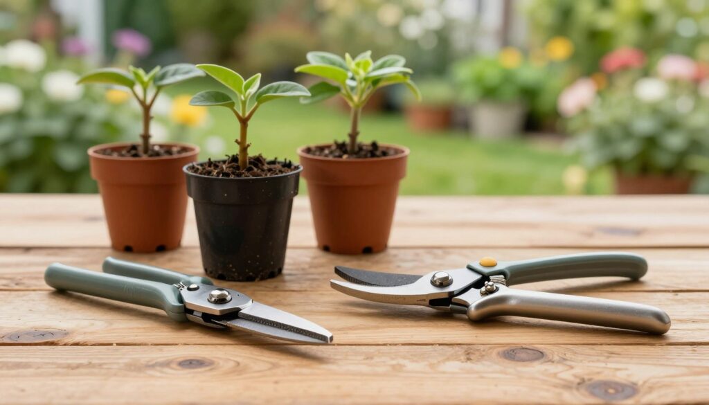 A beautifully arranged assortment of pruning tools for plant care, featuring a pair of sharp pruning shears and a sturdy pair of loppers placed on a rustic wooden table. In the foreground, the tools are clearly visible with metallic finishes reflecting soft, natural light. The middle ground includes a few healthy potted plants, showcasing branches needing trimming, symbolizing growth and vitality. The background is softly blurred, revealing a serene garden setting with lush greenery and blooming flowers, enhancing the focus on the pruning tools. The overall atmosphere is calm and inspiring, evoking a sense of gardening expertise. Bright, warm lighting creates an inviting feel. By Maya.
