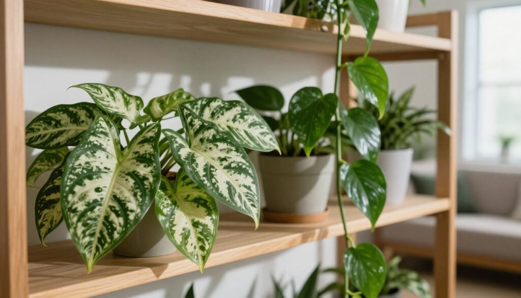 A beautifully arranged houseplant shelf showcasing various species of poisonous plants. In the foreground, prominent glossy leaves of a well-detailed Dieffenbachia, with its striking white and green pattern. In the middle ground, a healthy Pothos vine cascades down, accentuating its heart-shaped leaves. The background is softly blurred, revealing a cozy living room setting with a warm, inviting atmosphere. Gentle natural light filters through a nearby window, casting delicate shadows and enhancing the textures of the leaves. The overall mood conveys a sense of caution and awareness in a home environment. The image should be professional and polished, reflecting the beauty of these plants while subtly reminding viewers of their potential risks. By Maya.