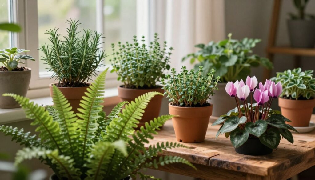 A beautifully arranged indoor garden, showcasing a harmonious collection of various winter plants. In the foreground, lush green ferns and vibrant flowering plants like cyclamens create a lively focal point. The middle ground features potted herbs, such as rosemary and thyme, elegantly placed on a rustic wooden table. In the background, a softly lit window allows natural light to filter through sheer curtains, casting gentle shadows that enhance the warm, cozy atmosphere. The scene is captured with a shallow depth of field, focusing on the plants while softly blurring the background for a dreamy effect. The overall mood is serene and inviting, ideal for a winter garden setting. By Maya.