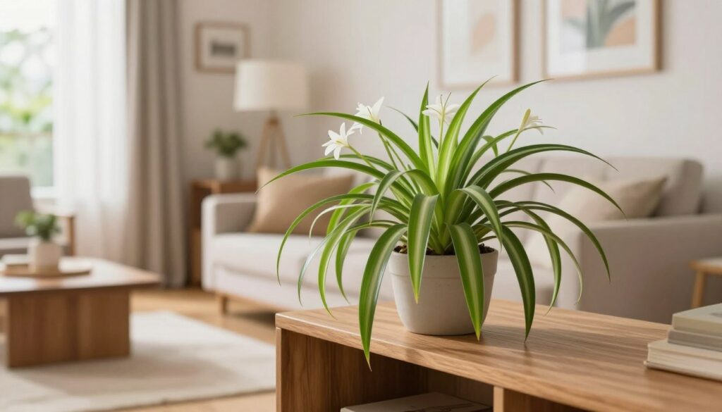 A beautifully arranged indoor scene featuring a vibrant spider plant (planta aranha) prominently placed on a stylish wooden shelf. In the foreground, the spider plant showcases its long, arching leaves with delicate white blooms, exuding freshness. In the middle ground, a cozy and elegantly furnished living room setting includes warm lighting from a large window, highlighting the plant's lush green colors. Soft textures in the decor, such as a plush rug and minimalistic furniture, create an inviting atmosphere. The background reveals soft pastel walls adorned with tasteful art, enhancing the decor theme. The image captures a bright, airy mood, perfect for illustrating home styling ideas, with a natural lens focus that emphasizes the beauty of the spider plant in its setting. By Maya.