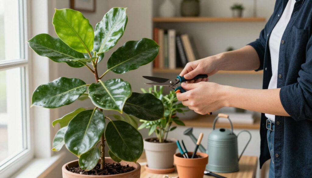 A beautifully arranged indoor scene showcasing a healthy Ficus plant prominently in the foreground, its glossy green leaves glistening under soft, natural light filtering through a window. A person dressed in smart casual attire is carefully pruning the plant, showcasing proper maintenance techniques. In the middle ground, a well-organized potting area with gardening tools, such as shears and a watering can, adds depth and context to the scene. The background features a cozy, warmly lit room filled with bookshelves and gentle décor, enhancing the nurturing atmosphere. The overall mood conveys tranquility and care, emphasizing the importance of maintaining the Ficus for aesthetic appeal. Setting the visual in high resolution, use a focal point that highlights the Ficus plant's lush foliage intertwined with the tools of plant care, capturing the essence of 