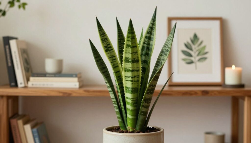 A beautifully arranged indoor setting featuring a striking Espada de São Jorge (Sansevieria) plant as the centerpiece. In the foreground, the plant stands gracefully in a modern ceramic pot, with its long, upright leaves radiating vibrant green hues. The middle background includes a stylish wooden shelf adorned with subtle decorative elements such as small books, a minimalistic candle, and a framed botanical art piece, harmonizing with the plant’s natural beauty. Soft, diffused lighting creates a warm ambiance, highlighting the textures of the leaves and the decor. The overall atmosphere conveys a sense of tranquility and elegance, making it ideal for interior design inspiration. By Maya. A beautifully arranged indoor setting featuring a striking Espada de São Jorge (Sansevieria) plant as the centerpiece. In the foreground, the plant stands gracefully in a modern ceramic pot, with its long, upright leaves radiating vibrant green hues. The middle background includes a stylish wooden shelf adorned with subtle decorative elements such as small books, a minimalistic candle, and a framed botanical art piece, harmonizing with the plant’s natural beauty. Soft, diffused lighting creates a warm ambiance, highlighting the textures of the leaves and the decor. The overall atmosphere conveys a sense of tranquility and elegance, making it ideal for interior design inspiration. By Maya.