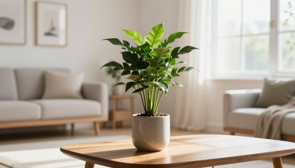 A beautifully arranged jade plant stands prominently on a stylish wooden table, reflecting its vibrant green leaves against a soft, diffused sunlight that illuminates the room. In the foreground, the jade plant is in a sleek, modern pot that complements the decorative theme. The middle ground features a cozy living space with a tasteful blend of minimalist decor, including a soft rug and a few art pieces hanging on the walls, enhancing the ambiance of tranquility. In the background, a bright window lets in natural light, creating a warm atmosphere. This image exudes a sense of harmony and balance, illustrating how the jade plant adds vibrancy to home decor. By Maya.