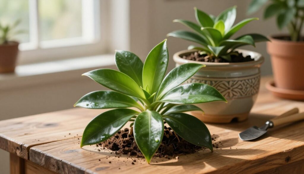 A beautifully arranged jade plant, vibrant and thriving, sits on a rustic wooden table in a sunlit room. In the foreground, focus on broad, glossy leaves with rich green hues, reflecting a healthy shine, and tiny clusters of soil around the base. In the middle ground, an elegant ceramic pot, detailed with intricate designs, provides a sturdy home for the jade plant. There are soft gardening tools nearby, hinting at care routines. The background features a faintly blurred window with gentle sunlight pouring in, enhancing the image's warm and inviting atmosphere. The scene captures a serene mood, emphasizing the importance of proper light, watering, and maintenance while avoiding common mistakes in plant care. By Maya.