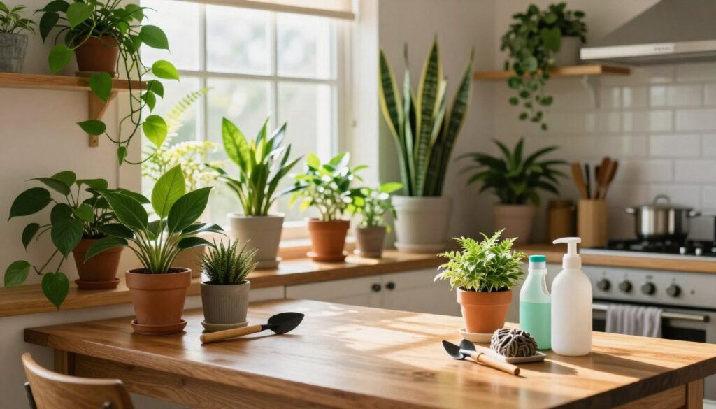 A beautifully arranged kitchen scene featuring a variety of lush, vibrant indoor plants, such as pothos and snake plants, strategically placed on shelves and windowsills. In the foreground, a glossy wooden table holds gardening tools and plant care supplies, showcasing a sense of maintenance and love for the plants. The middle ground reveals a well-lit kitchen with a hint of sunlight streaming in through a window, casting soft, warm light that enhances the green hues of the plants. In the background, modern kitchen appliances and a subtle, earthy color palette create a cozy atmosphere. The overall mood is tranquil and inviting, highlighting an ideal maintenance routine for keeping indoor plants looking beautiful. By Maya. A beautifully arranged kitchen scene featuring a variety of lush, vibrant indoor plants, such as pothos and snake plants, strategically placed on shelves and windowsills. In the foreground, a glossy wooden table holds gardening tools and plant care supplies, showcasing a sense of maintenance and love for the plants. The middle ground reveals a well-lit kitchen with a hint of sunlight streaming in through a window, casting soft, warm light that enhances the green hues of the plants. In the background, modern kitchen appliances and a subtle, earthy color palette create a cozy atmosphere. The overall mood is tranquil and inviting, highlighting an ideal maintenance routine for keeping indoor plants looking beautiful. By Maya.