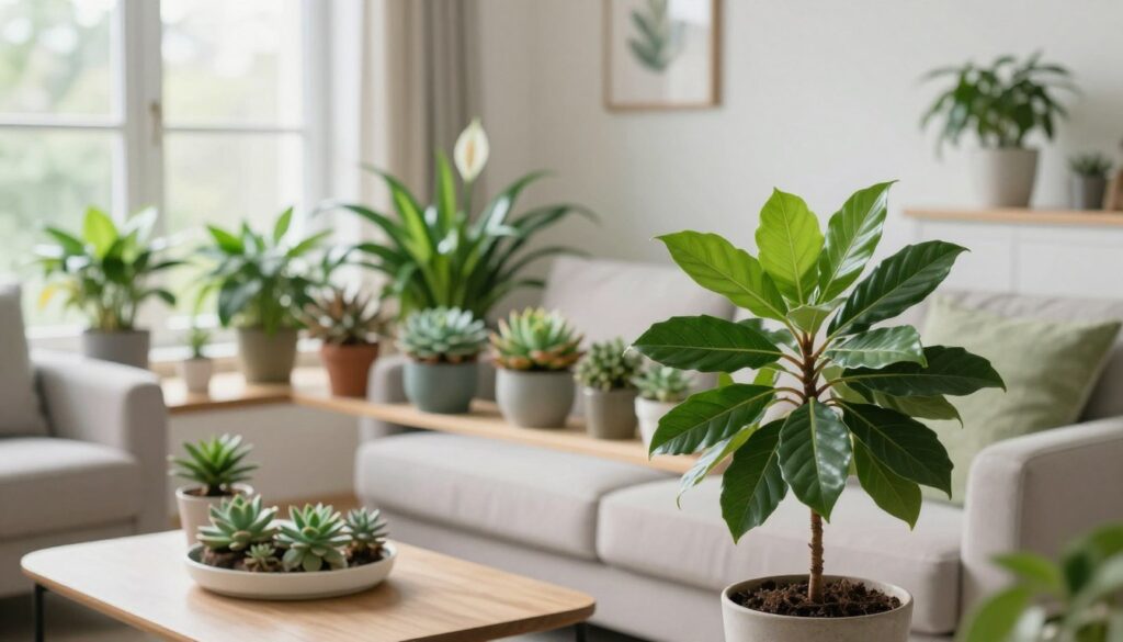 A beautifully arranged living room featuring a variety of indoor plants that enhance the décor. In the foreground, a stylish potted ficus tree with broad, vibrant green leaves sits next to a modern coffee table. The middle layer showcases a lush arrangement of succulents and a flowering peace lily on a shelf, adding a pop of color. In the background, large windows allow natural light to flood the space, illuminating the soft, neutral tones of the room. The atmosphere is tranquil and inviting, perfect for relaxation. Use soft focus for a dreamy effect, and capture the scene from a slightly elevated angle to highlight all the plants harmoniously. The image should reflect a balance of aesthetics and simplicity, emphasizing an easy-care plant selection for the living room. By Maya. A beautifully arranged living room featuring a variety of indoor plants that enhance the décor. In the foreground, a stylish potted ficus tree with broad, vibrant green leaves sits next to a modern coffee table. The middle layer showcases a lush arrangement of succulents and a flowering peace lily on a shelf, adding a pop of color. In the background, large windows allow natural light to flood the space, illuminating the soft, neutral tones of the room. The atmosphere is tranquil and inviting, perfect for relaxation. Use soft focus for a dreamy effect, and capture the scene from a slightly elevated angle to highlight all the plants harmoniously. The image should reflect a balance of aesthetics and simplicity, emphasizing an easy-care plant selection for the living room. By Maya.