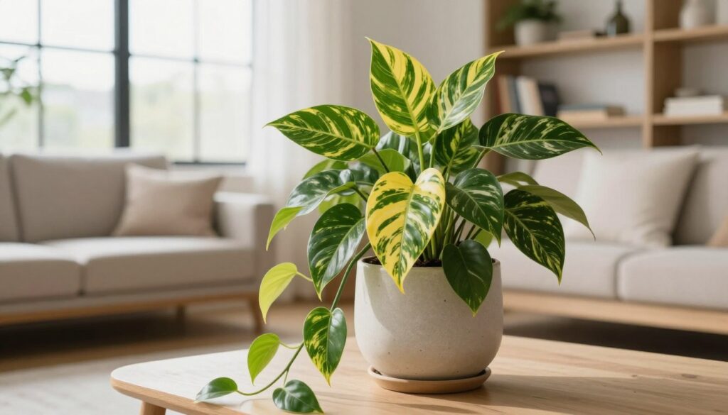 A beautifully arranged living space featuring a vibrant jiboia plant (Epipremnum aureum) cascading elegantly from a stylish ceramic pot. In the foreground, focus on the lush, green foliage with its distinctive heart-shaped leaves showcasing a mix of bright green and variegated yellow tones. The middle ground includes a cozy, minimalist living area with neutral-colored furniture and ample natural light flooding through large windows, highlighting the plant's beauty. In the background, soft-focus shelves display books and decorative items, emphasizing a harmonious home environment. Use warm, soft lighting to create an inviting atmosphere, with a wide-angle lens to capture the entire scene. The image reflects a serene and stylish home decor, emphasizing the jiboia's role in enhancing indoor aesthetics. By Maya.