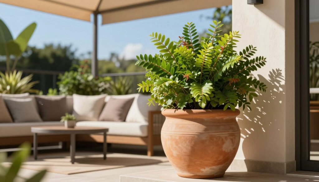A beautifully arranged outdoor space featuring a vibrant potted plant in a stylish yet functional planter, set against a backdrop of a sunlit patio. In the foreground, the large ceramic pot showcases lush green foliage, with a mix of textures and colors reflecting the vitality of a thriving outdoor environment. The mid-ground includes a comfortable seating area, adorned with weather-resistant cushions, inviting relaxation. In the background, soft shadows from an overhanging awning filter the warm sunlight, creating a harmonious interplay of light and shade. The composition is designed to convey tranquility and ease of maintenance, with a clear blue sky enhancing the scene. The overall mood evokes a sense of peaceful outdoor living, perfect for enjoying nature's beauty. By Maya. A beautifully arranged outdoor space featuring a vibrant potted plant in a stylish yet functional planter, set against a backdrop of a sunlit patio. In the foreground, the large ceramic pot showcases lush green foliage, with a mix of textures and colors reflecting the vitality of a thriving outdoor environment. The mid-ground includes a comfortable seating area, adorned with weather-resistant cushions, inviting relaxation. In the background, soft shadows from an overhanging awning filter the warm sunlight, creating a harmonious interplay of light and shade. The composition is designed to convey tranquility and ease of maintenance, with a clear blue sky enhancing the scene. The overall mood evokes a sense of peaceful outdoor living, perfect for enjoying nature's beauty. By Maya.