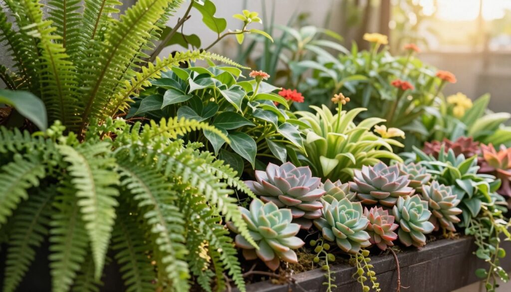 A beautifully arranged vertical garden showcasing a variety of lush, vibrant plants suitable for indoor or outdoor spaces. In the foreground, include cascading ferns and colorful succulents, creating a sense of depth and texture. The middle section should feature leafy vines and compact flowering plants, providing a burst of color and life. In the background, include a soft-focus view of a tranquil garden environment with sunlight gently filtering through, creating a warm, inviting atmosphere. Utilize natural lighting with a soft focus effect, capturing the essence of a serene and refreshing green space. The image should reflect the beauty and simplicity of maintaining a vertical garden. By Maya. A beautifully arranged vertical garden showcasing a variety of lush, vibrant plants suitable for indoor or outdoor spaces. In the foreground, include cascading ferns and colorful succulents, creating a sense of depth and texture. The middle section should feature leafy vines and compact flowering plants, providing a burst of color and life. In the background, include a soft-focus view of a tranquil garden environment with sunlight gently filtering through, creating a warm, inviting atmosphere. Utilize natural lighting with a soft focus effect, capturing the essence of a serene and refreshing green space. The image should reflect the beauty and simplicity of maintaining a vertical garden. By Maya.
