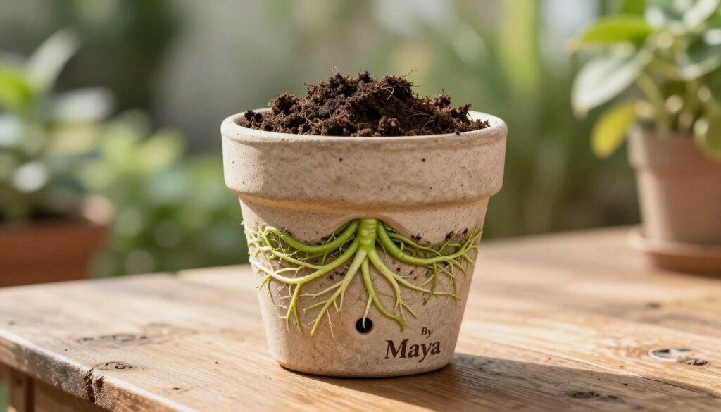 A beautifully crafted plant pot with a drainage hole, showcasing its essential design for promoting healthy root growth. The foreground features the pot elegantly placed on a rustic wooden table, allowing the texture of the wood to enhance the natural feel. In the middle, rich, dark soil spills slightly over the edge of the pot, revealing threads of vibrant green roots. The background is softly blurred to depict a sunlit garden setting, with gentle bokeh effects creating a serene atmosphere. Warm, natural lighting illuminates the scene, highlighting the pot’s intricate details and the vitality of the plant. This image is branded A beautifully crafted plant pot with a drainage hole, showcasing its essential design for promoting healthy root growth. The foreground features the pot elegantly placed on a rustic wooden table, allowing the texture of the wood to enhance the natural feel. In the middle, rich, dark soil spills slightly over the edge of the pot, revealing threads of vibrant green roots. The background is softly blurred to depict a sunlit garden setting, with gentle bokeh effects creating a serene atmosphere. Warm, natural lighting illuminates the scene, highlighting the pot’s intricate details and the vitality of the plant. This image is branded