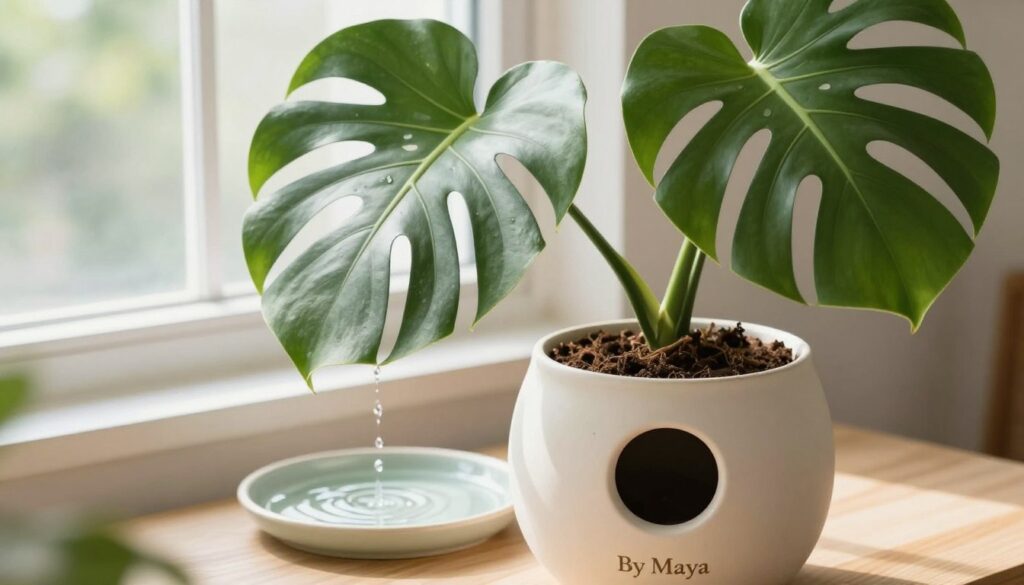 A beautifully designed ceramic vase with a large drainage hole, filled with nutrient-rich soil, positioned prominently in the foreground. The vase is elegantly showcasing a thriving Monstera Deliciosa plant, popularly known as 