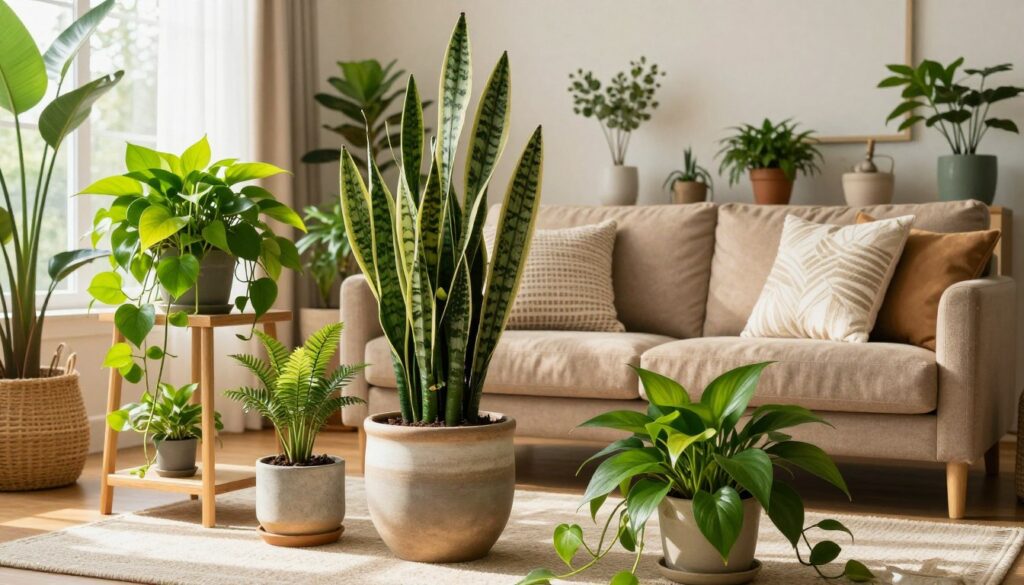 A beautifully designed living room featuring a variety of decorative houseplants, arranged thoughtfully to create a cozy and inviting atmosphere. In the foreground, include a large, lush serpent plant in a stylish ceramic pot, complemented by smaller plants like a bright pothos cascading from a shelf. The middle ground showcases a comfortable sofa adorned with earthy, natural colors, accented by decorative cushions. In the background, large windows bathe the room in warm, natural light, highlighting the greenery and enhancing the ambiance. The mood should feel calm and refreshing, emphasizing low-maintenance plant care. Capture the scene from a wide angle to encompass the harmonious blend of indoor plants and stylish decor. By Maya. A beautifully designed living room featuring a variety of decorative houseplants, arranged thoughtfully to create a cozy and inviting atmosphere. In the foreground, include a large, lush serpent plant in a stylish ceramic pot, complemented by smaller plants like a bright pothos cascading from a shelf. The middle ground showcases a comfortable sofa adorned with earthy, natural colors, accented by decorative cushions. In the background, large windows bathe the room in warm, natural light, highlighting the greenery and enhancing the ambiance. The mood should feel calm and refreshing, emphasizing low-maintenance plant care. Capture the scene from a wide angle to encompass the harmonious blend of indoor plants and stylish decor. By Maya.