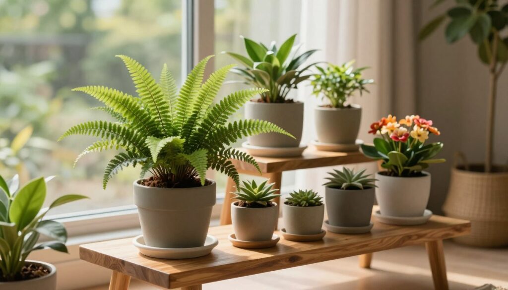 A beautifully designed plant stand showcasing various potted plants, highlighting a modern aesthetic. In the foreground, a natural wooden plant stand holds a vibrant green potted fern and a colorful flowering plant, each meticulously arranged to emphasize proper drainage. The middle layer features an elegant arrangement of smaller pots, carefully placed to avoid overcrowding, demonstrating ideal spacing to prevent overwatering. In the background, soft sunlight filters through a large window, casting gentle, warm light that enhances the lush greenery and warms the room. Incorporate muted earth tones in the decor, creating a calming and inviting atmosphere. The focus should be sharp, with a slight blur in the background to draw attention to the plants. The image should convey a sense of tranquility and connection with nature. Design by By Maya.