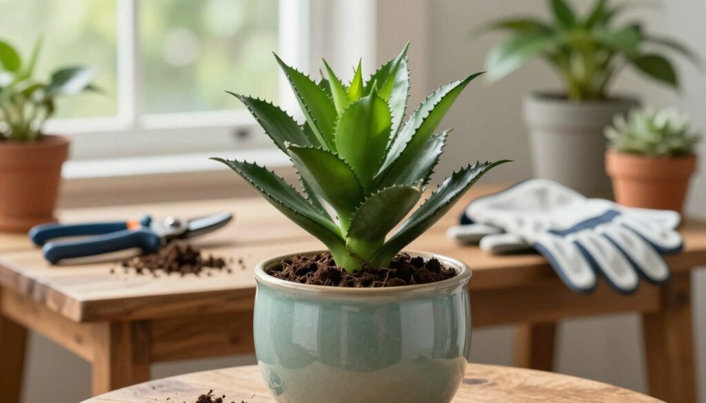 A beautifully maintained jade plant in a stylish ceramic pot with a glossy finish, positioned prominently in the foreground. The jade plant showcases vibrant green leaves, some delicately pruned to emphasize its elegant shape, reflecting attention to care. In the middle ground, a wooden gardening table is adorned with pruning shears, soil, and gardening gloves, suggesting recent maintenance. The background features a softly diffused natural light filtering through a window, enhancing the serene atmosphere of a well-kept indoor garden space. The scene captures a moment of tranquility and nurturing, embodying the essence of plant care. The image should be lush and inviting, focusing solely on the jade plant and its setting. By Maya.