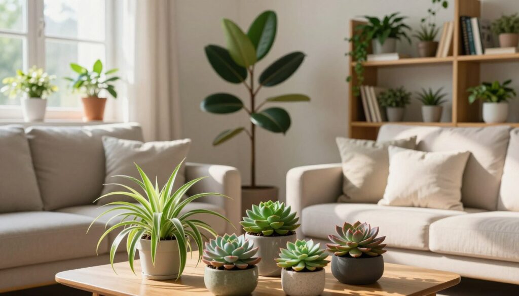 A beautifully organized living room showcasing an array of pet-friendly plants strategically placed to prevent pets from chewing. In the foreground, a vibrant spider plant and some colorful succulents are neatly arranged on a coffee table. The middle ground features a cozy sofa with throw pillows, while a tall, leafy rubber plant stands in a corner, safely out of reach. Soft, natural light streams through a window, casting warm shadows across the room, creating a peaceful ambiance. In the background, a carefully crafted bookshelf holds more plants, emphasizing a harmonious indoor environment. The overall mood is inviting and safe, illustrating a careful balance between aesthetics and pet safety. By Maya.