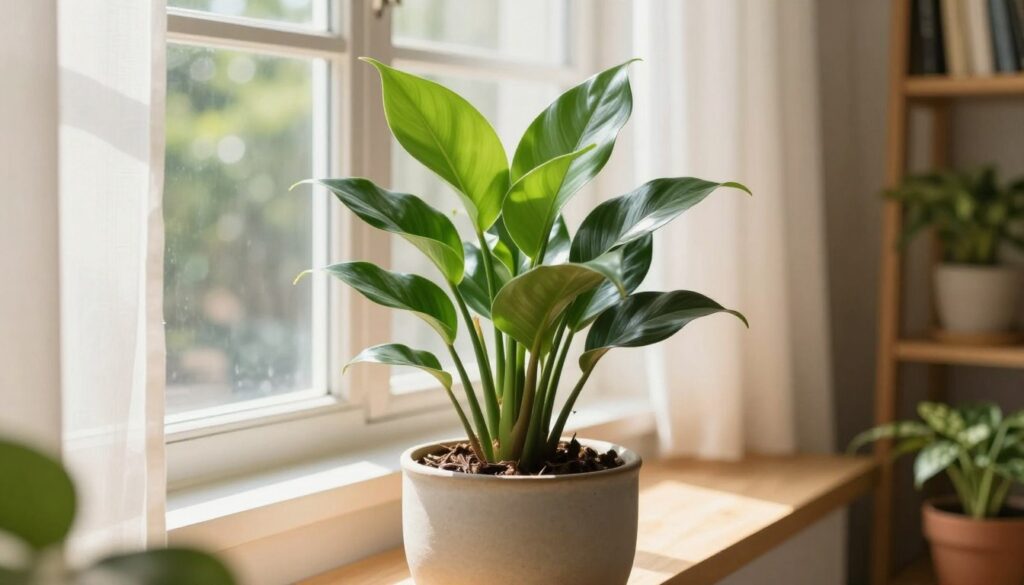 A bright, sunlit indoor scene showcasing a healthy jade plant (Crassula ovata) thriving in a stylish ceramic pot. In the foreground, the rich green leaves of the jade plant are vibrant and lustrous, highlighting its robust health. The middle section features a cozy window ledge bathed in soft, natural light, with sheer curtains filtering the sunlight, creating a peaceful ambiance. In the background, hints of a warm, inviting room with potted plants and bookshelves suggest a nurturing environment. The lighting is warm and bright, reminiscent of an early morning glow, emphasizing the plant's vitality and ideal light conditions. The mood is tranquil and harmonious, perfect for showcasing plant care. By Maya.