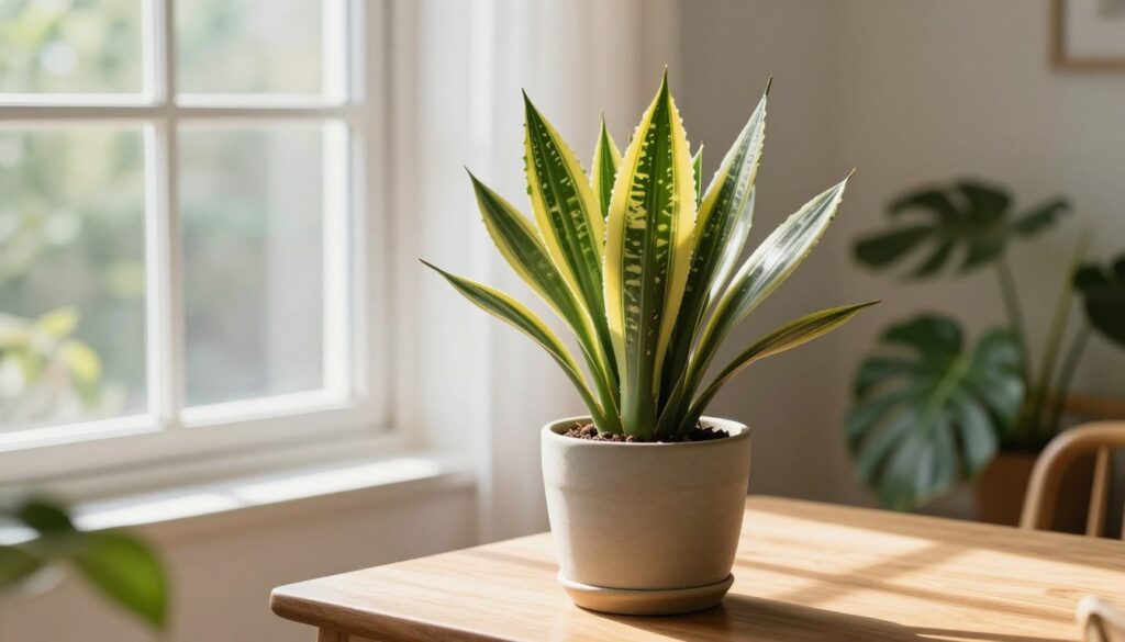 A bright, well-lit room featuring a thriving Espada de São Jorge plant, known for its long, sword-like leaves with striking green and yellow variegations. The foreground showcases the plant in a stylish ceramic pot on a simple wooden table. In the middle, light streams softly through a large window, casting gentle shadows, creating a peaceful atmosphere. The background includes hints of lush foliage from other houseplants, suggesting a harmonious indoor garden. The scene is bathed in natural light, with a warm, inviting ambiance, emphasizing the plant's need for ideal lighting conditions without stress. The composition is clear and balanced, presenting the Espada de São Jorge as the focal point. By Maya. A bright, well-lit room featuring a thriving Espada de São Jorge plant, known for its long, sword-like leaves with striking green and yellow variegations. The foreground showcases the plant in a stylish ceramic pot on a simple wooden table. In the middle, light streams softly through a large window, casting gentle shadows, creating a peaceful atmosphere. The background includes hints of lush foliage from other houseplants, suggesting a harmonious indoor garden. The scene is bathed in natural light, with a warm, inviting ambiance, emphasizing the plant's need for ideal lighting conditions without stress. The composition is clear and balanced, presenting the Espada de São Jorge as the focal point. By Maya.