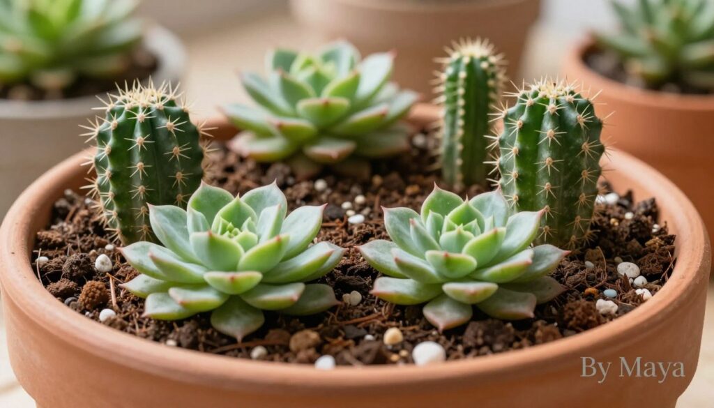 A close-up composition showcasing a diverse selection of succulent and cactus soil mix, set in a beautifully textured clay pot. In the foreground, vibrant green succulents with intricate leaf patterns and sharp, spiky cacti stand prominently, illustrating healthy growth. The middle layer features a rich, earthy substrate, dotted with perlite and sand for excellent drainage, ensuring clarity on soil composition. In the background, soft lighting creates a warm, inviting atmosphere, highlighting the intricate details of the soil's texture. A subtle bokeh effect blurs the background, drawing attention to the succulent arrangement. The scene evokes a sense of tranquility and careful attention, embodying the art of plant care. Brand name A close-up composition showcasing a diverse selection of succulent and cactus soil mix, set in a beautifully textured clay pot. In the foreground, vibrant green succulents with intricate leaf patterns and sharp, spiky cacti stand prominently, illustrating healthy growth. The middle layer features a rich, earthy substrate, dotted with perlite and sand for excellent drainage, ensuring clarity on soil composition. In the background, soft lighting creates a warm, inviting atmosphere, highlighting the intricate details of the soil's texture. A subtle bokeh effect blurs the background, drawing attention to the succulent arrangement. The scene evokes a sense of tranquility and careful attention, embodying the art of plant care. Brand name