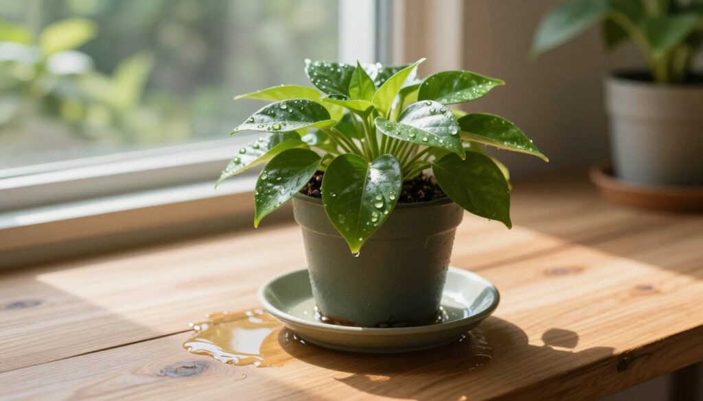 A close-up image of a small potted plant sitting on a wooden table, with water gently pooling in the saucer beneath it. The plant’s vibrant green leaves are lush and healthy, reflecting bright daylight filtering through a nearby window, casting soft shadows. In the background, a soft-focus view of a cozy indoor garden can be seen, adding depth and warmth. The photograph should be taken from a slight angle, emphasizing the connection between the plant and the water. The overall mood is serene and nurturing, conveying the importance of proper watering techniques. Capture the textures of the leaves and the fine details of the water droplets. By Maya.