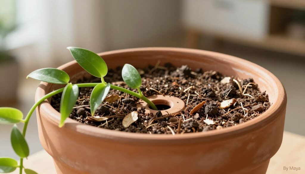 A close-up image of a terracotta pot with a drainage hole, filled with aerated substrate ideal for promoting healthy roots. The pot should be rustic, showcasing earthy tones and textures. In the foreground, vibrant green tendrils of a Jiboia plant cascade gracefully over the rim, highlighting its lush foliage. The substrate should be visible, featuring a mix of perlite and orchid bark, emphasizing its aeration properties. Soft natural light filters from the left, casting gentle shadows and creating a serene atmosphere. In the background, a faint blur of a modern home interior suggests an inviting indoor space. Include the branding 
