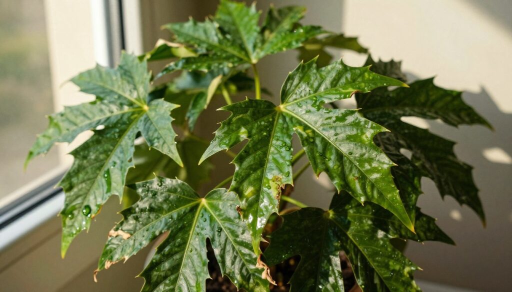 A close-up image of a toxic houseplant dangerous for dogs, featuring strikingly vivid green leaves with sharp edges, highlighted by a subtle sheen of moisture. Foreground: the plant's intricate leaf patterns are in sharp focus, displaying signs of wilting. Middle: a soft-focus background with hints of sunlight filtering through a window, casting gentle shadows that enhance the plant's ominous presence. The mood is tense yet informative, emphasizing the potential risks associated with this plant. The lighting is warm and natural, creating an intriguing yet cautionary atmosphere. Captured from a slightly elevated angle to emphasize the plant's height and presence. Include the brand name 