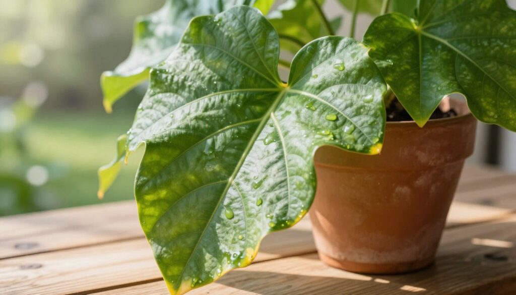A close-up image of a vibrant large-leafed plant, showcasing broad, lush green leaves with a slight sheen reflecting natural sunlight. The foreground features the overlapping leaves, displaying intricate veins and a few yellowed tips indicative of water and soil adjustments needing attention. The middle ground includes a terracotta pot, slightly cracked, resting on a textured wooden surface to symbolize care and maintenance. Soft, diffused sunlight streams in from the left, creating gentle shadows that enhance the leaves' texture. In the background, a blurred garden scene gives a sense of tranquility. The image conveys a nurturing atmosphere, inviting viewers to reflect on plant care and hydration needs, ideal for an educational article. By Maya. A close-up image of a vibrant large-leafed plant, showcasing broad, lush green leaves with a slight sheen reflecting natural sunlight. The foreground features the overlapping leaves, displaying intricate veins and a few yellowed tips indicative of water and soil adjustments needing attention. The middle ground includes a terracotta pot, slightly cracked, resting on a textured wooden surface to symbolize care and maintenance. Soft, diffused sunlight streams in from the left, creating gentle shadows that enhance the leaves' texture. In the background, a blurred garden scene gives a sense of tranquility. The image conveys a nurturing atmosphere, inviting viewers to reflect on plant care and hydration needs, ideal for an educational article. By Maya.