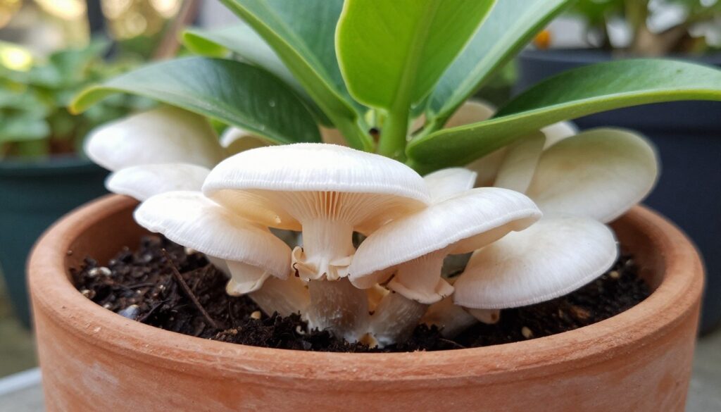 A close-up image of a white fungus growing in a terracotta pot, showcasing the delicate texture and features of the fungus. The foreground captures the intricate web of mycelium, blending seamlessly with the rich, dark soil. In the middle ground, the pot itself is surrounded by vibrant green leaves from a healthy plant, suggesting proper watering and care. The background features a softly blurred garden setting with natural light filtering through, creating a warm and inviting atmosphere. The lighting is soft and diffused, emphasizing the details of the fungus and the pot, creating a serene yet alert mood. Shot with a macro lens to highlight details and textures, showcasing the importance of water and pot adjustments in plant care. By Maya. A close-up image of a white fungus growing in a terracotta pot, showcasing the delicate texture and features of the fungus. The foreground captures the intricate web of mycelium, blending seamlessly with the rich, dark soil. In the middle ground, the pot itself is surrounded by vibrant green leaves from a healthy plant, suggesting proper watering and care. The background features a softly blurred garden setting with natural light filtering through, creating a warm and inviting atmosphere. The lighting is soft and diffused, emphasizing the details of the fungus and the pot, creating a serene yet alert mood. Shot with a macro lens to highlight details and textures, showcasing the importance of water and pot adjustments in plant care. By Maya.