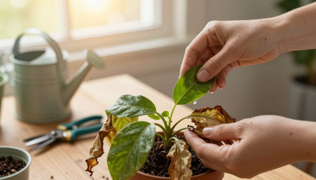 A close-up of a dry plant being carefully revitalized, showcasing hands gently watering the wilted leaves of a wilted potted plant. In the foreground, vibrant green leaves contrast with the brown, dried remnants, symbolizing rejuvenation. The middle ground features gardening tools, like a small watering can and a pair of pruning shears, arranged neatly on a wooden table. The background includes a warm, sunlit window with soft, diffused light pouring in, creating a hopeful atmosphere. The scene is imbued with a sense of care and renewal, emphasizing the steps to recover a dying plant. The composition is shot with a macro lens to accentuate the textures and colors, conveying a serene and encouraging mood. By Maya.