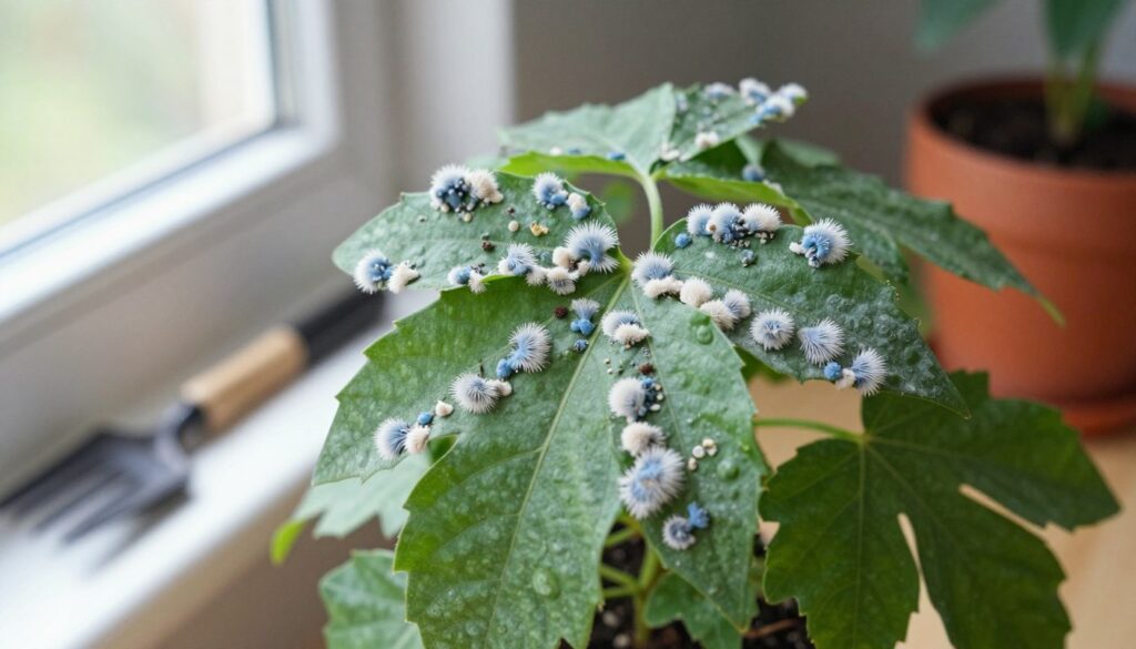 A close-up of a green plant showing visible fungal growth on its leaves, with delicate white and bluish fungal structures weaving around the edges. The plant is placed in a well-lit indoor setting, with natural light filtering through a window, creating gentle shadows. In the background, a blurred out image of gardening tools and pots to imply a nurturing environment. The atmosphere is hopeful and restorative, indicating recovery after treatment, with a focus on the health of the plant. Use a macro lens effect to enhance the details of the fungi and plant texture, providing an intimate view of the resilience of nature. --v 5 --ar 3:2 --q 2 By Maya A close-up of a green plant showing visible fungal growth on its leaves, with delicate white and bluish fungal structures weaving around the edges. The plant is placed in a well-lit indoor setting, with natural light filtering through a window, creating gentle shadows. In the background, a blurred out image of gardening tools and pots to imply a nurturing environment. The atmosphere is hopeful and restorative, indicating recovery after treatment, with a focus on the health of the plant. Use a macro lens effect to enhance the details of the fungi and plant texture, providing an intimate view of the resilience of nature. --v 5 --ar 3:2 --q 2 By Maya