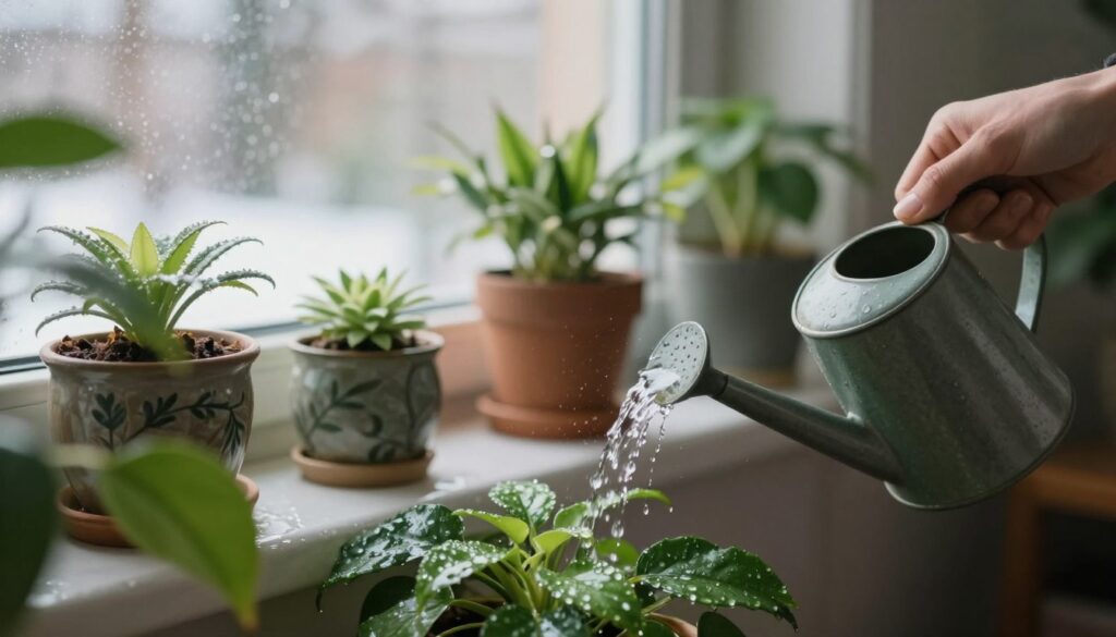 A close-up of a healthy green plant being carefully watered indoors during winter, showcasing drops of water glistening on the leaves. In the foreground, a gentle hand holds a watering can, pouring just the right amount of water. The middle ground features a cozy window sill with a few other plants in decorative pots, some frost visible on the outside window suggesting a cold winter day. The background is softly blurred, hinting at a warm, inviting interior with sunlight filtering through the glass. The atmosphere is calm and nurturing, evoking a sense of care and balance in plant care. Cinematic lighting emphasizes the freshness of the leaves, while the scene captures the essence of nurturing without rigidity. By Maya.