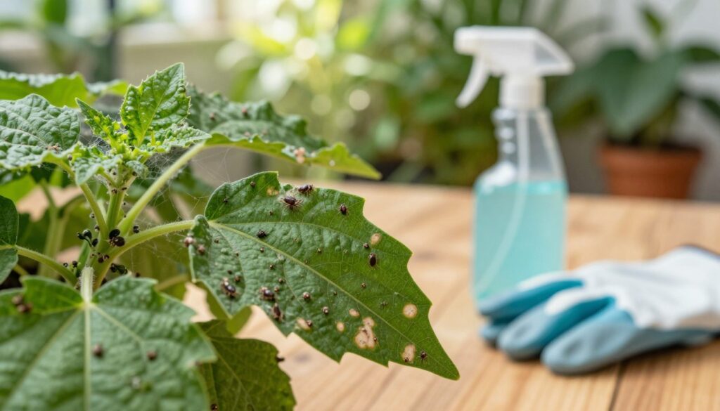 A close-up of a lush green plant infested with spider mites, showing distinct signs of damage such as tiny, discolored leaves and fine webbing in the leaf axils. In the foreground, detailed shots reveal the texture of the leaves and the mites themselves as microscopic creatures. The middle of the image features a pair of gardening gloves and an insecticidal spray bottle placed on a wooden table, hinting at preventive measures. The background fades gently, showcasing a well-lit indoor garden with soft, natural sunlight filtering through. The overall mood is focused and informative, emphasizing the importance of identifying and acting against spider mites early. By Maya.