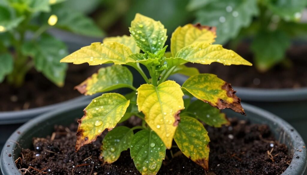 A close-up of a lush green plant showing clear signs of over-fertilization, with vibrant yellowing leaves and leaf tips burnt brown, creating a striking contrast against the still healthy parts of the plant. In the foreground, droplets of water glisten on the soil surface, adding detail. The middle ground features a gardening pot with rich, dark soil. In the background, soft-focus greenery suggests a garden environment, with dappled sunlight filtering through leaves. The atmosphere feels educational and insightful, emphasizing the importance of proper fertilization. Use natural lighting to highlight the textures and colors. Capture this scene with a macro lens for sharp detail and depth. By Maya.