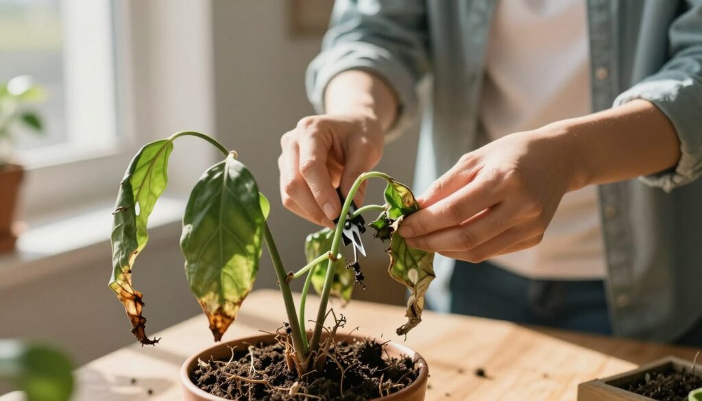 A close-up of a nearly dying houseplant with wilted leaves and dry soil, illustrating the urgent need for rescue. In the foreground, the plant shows signs of neglect, such as brown tips and drooping stems. In the middle ground, a person in modest casual clothing gently prunes the plant, carefully removing dead leaves and making room for new growth. The background features a softly lit indoor environment, with sunlight streaming through a window, creating a warm and hopeful atmosphere. Include delicate shadows cast by the plant and the caregiver, emphasizing the nurturing process. The scene evokes a sense of care and renewal, highlighting the steps of reviving a struggling plant. By Maya.