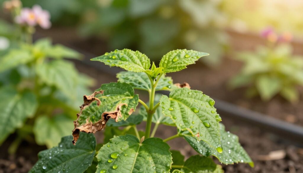 A close-up of a recovering green plant with vibrant leaves, showcasing healthy growth after aphid control. The foreground features fresh, lush leaves glistening with droplets of water, emphasizing rejuvenation. In the middle ground, slightly wilted leaves demonstrate previous aphid damage, contrasting with new, vigorous growth. The background is softly blurred with a natural garden setting, including blurred flowers and greenery, creating an inviting atmosphere. Gentle, warm sunlight filters through the leaves, casting soft shadows and enhancing the plant's vibrant colors. The mood is hopeful and revitalizing, symbolizing the resilience of nature. This image should be free of any text, watermarks, or signatures. By Maya. A close-up of a recovering green plant with vibrant leaves, showcasing healthy growth after aphid control. The foreground features fresh, lush leaves glistening with droplets of water, emphasizing rejuvenation. In the middle ground, slightly wilted leaves demonstrate previous aphid damage, contrasting with new, vigorous growth. The background is softly blurred with a natural garden setting, including blurred flowers and greenery, creating an inviting atmosphere. Gentle, warm sunlight filters through the leaves, casting soft shadows and enhancing the plant's vibrant colors. The mood is hopeful and revitalizing, symbolizing the resilience of nature. This image should be free of any text, watermarks, or signatures. By Maya.