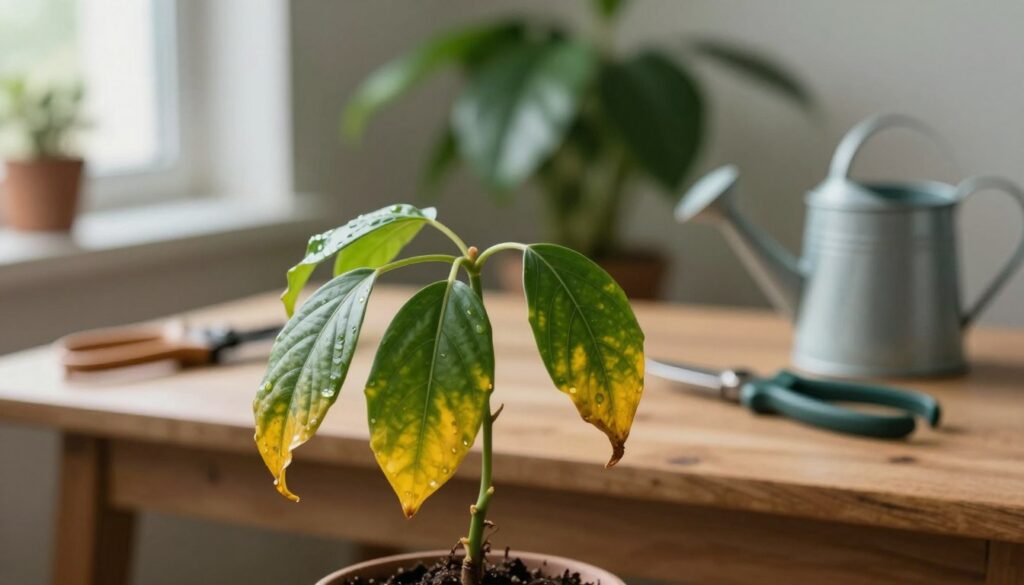 A close-up of a suddenly wilted plant, showcasing vibrant green leaves that have dramatically drooped and turned yellow at the edges, symbolizing distress. The plant is positioned in the foreground of a cozy indoor setting, with soft natural light streaming through a nearby window, casting gentle shadows. In the middle ground, a wooden table holds gardening tools like pruning shears and a watering can, suggesting care and attention. In the blurred background, a lush, healthy plant stands as a contrast, hinting at the importance of proper maintenance. The overall mood is one of concern and urgency, highlighting the need for prevention. The image is captured with a shallow depth of field, focusing intently on the wilted plant, creating a poignant visual narrative about sudden plant health issues. By Maya. A close-up of a suddenly wilted plant, showcasing vibrant green leaves that have dramatically drooped and turned yellow at the edges, symbolizing distress. The plant is positioned in the foreground of a cozy indoor setting, with soft natural light streaming through a nearby window, casting gentle shadows. In the middle ground, a wooden table holds gardening tools like pruning shears and a watering can, suggesting care and attention. In the blurred background, a lush, healthy plant stands as a contrast, hinting at the importance of proper maintenance. The overall mood is one of concern and urgency, highlighting the need for prevention. The image is captured with a shallow depth of field, focusing intently on the wilted plant, creating a poignant visual narrative about sudden plant health issues. By Maya.