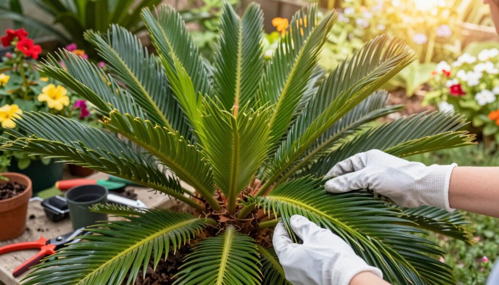 A close-up of a toxic cycad plant, prominently featuring its sharp, spiky leaves that are rich in deep green hues, highlighting the potential danger it poses to pets. In the foreground, a pair of gloved hands gently handle the leaves, indicating safe pruning practices. The middle ground should include various gardening tools like shears and small pots, suggesting preparation for repotting. The background is softly blurred, showcasing a sunny garden setting with vibrant flowers and greenery, casting a warm, inviting light. The atmosphere is calm and educational, aimed at conveying the importance of safety when dealing with poisonous plants. By Maya.