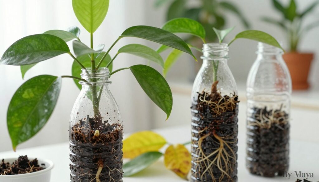 A close-up of common mistakes in planting a green indoor plant in a PET bottle, showcasing an unintentional overwatering situation with waterlogged soil. In the foreground, a half-assembled PET bottle planter with wilting leaves, showing poor drainage and root rot. In the middle ground, additional examples of error such as overcrowded roots and yellowed leaves. The background should feature a softly blurred light-filled room, giving an atmosphere of indoor gardening. Utilize natural lighting to emphasize the vibrant green of the plants while maintaining a subtle, educational tone. Capture the scene from a slightly elevated angle, focusing on the connection between the plant and the bottle. Include 
