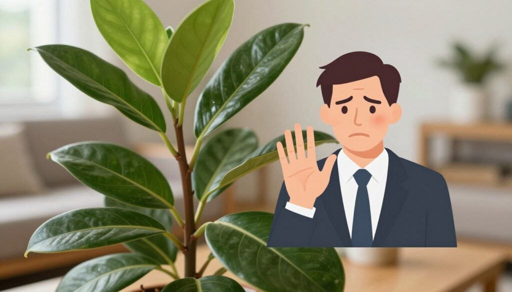 A close-up of the Zamioculca plant, showcasing its glossy, deep green leaves with a subtle sheen, arranged artistically in the foreground. Overlaying the plant, include symbolic representations of common symptoms associated with contact, such as a hand with a mild rash and a facial expression showing concern, depicted in professional business attire to convey urgency. In the background, a softly blurred indoor setting, like a living room filled with natural light, enhances the intimate, cautionary atmosphere. The lighting is warm, creating a safe and inviting space, while focusing sharply on the plant and the symbolic symptoms. Ensure no text or branding appears in the image. By Maya.