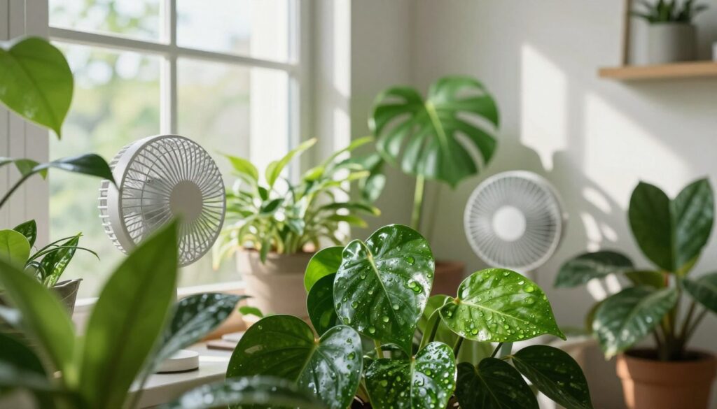 A close-up of vibrant green houseplants in a well-ventilated indoor setting, showcasing small fans strategically positioned among the foliage to promote air circulation. In the foreground, healthy plant leaves glisten with dew, emphasizing the importance of moisture control. The middle ground features a bright window letting in natural light, casting soft shadows across the plants, creating an inviting atmosphere. The background includes light-colored walls adorned with subtle decorative elements, enhancing the sense of tranquility. The scene conveys a sense of spaciousness and care, symbolizing prevention against fungal growth. The overall mood is fresh and rejuvenating, inviting viewers to consider effective plant care practices. By Maya. A close-up of vibrant green houseplants in a well-ventilated indoor setting, showcasing small fans strategically positioned among the foliage to promote air circulation. In the foreground, healthy plant leaves glisten with dew, emphasizing the importance of moisture control. The middle ground features a bright window letting in natural light, casting soft shadows across the plants, creating an inviting atmosphere. The background includes light-colored walls adorned with subtle decorative elements, enhancing the sense of tranquility. The scene conveys a sense of spaciousness and care, symbolizing prevention against fungal growth. The overall mood is fresh and rejuvenating, inviting viewers to consider effective plant care practices. By Maya.