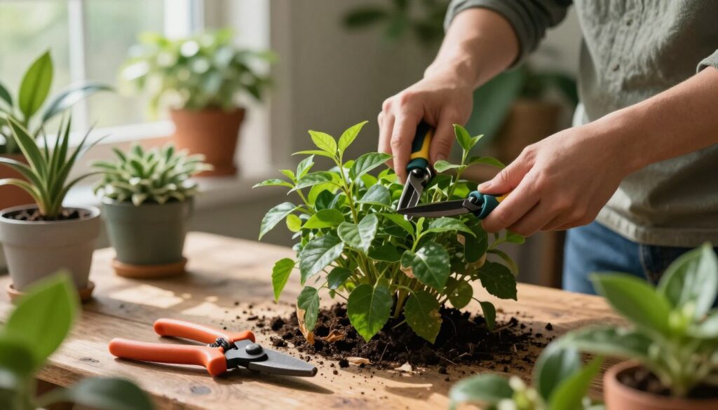 A close-up scene illustrating the concept of pruning plants for fuller growth. In the foreground, a pair of well-maintained pruning shears rests on a weathered wooden table, surrounded by lush green foliage of various houseplants, showing healthy growth patterns. In the middle ground, a skilled gardener in modest clothing gently trims a vibrant, bushy plant, focusing on removing dead leaves to encourage new growth. In the background, softly blurred potted plants display a variety of shapes and sizes, adding depth to the composition. Natural daylight filters through a window, casting gentle shadows and highlighting the fresh green leaves, creating a warm, nurturing atmosphere. By Maya.