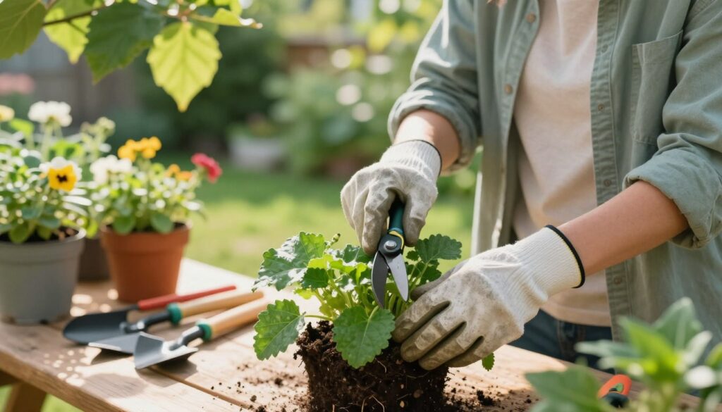 A close-up scene showcasing a person in modest casual attire, carefully pruning a lush green plant, highlighting the safe handling of plants. The individual is focused and demonstrates proper techniques, with gardening gloves on their hands. Surrounding them are various gardening tools, neatly arranged on a wooden table nearby. Soft, natural light filters through the leaves overhead, creating a calm and safe atmosphere. In the background, a sunny garden is visible, featuring a variety of healthy plants and colorful flowers. The image conveys a sense of care and attention to safety while gardening, emphasizing the joy and responsibility of nurturing plants. By Maya.