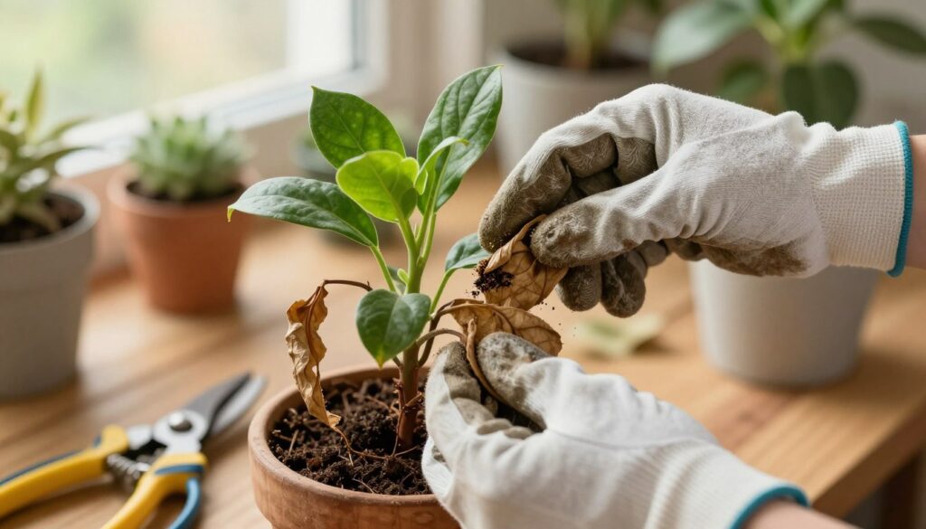 A close-up scene showcasing the process of caring for a dry plant, capturing the meticulous cleaning and pruning steps for revitalization. In the foreground, a pair of hands, dressed in modest gardening gloves, gently dusting off dried leaves from a wilted plant with vibrant, healthy green foliage emerging. The middle ground features a small set of pruning shears and a wooden pot, half-full of soil, surrounding the plant. In the background, a softly blurred indoor garden setting with warm, natural light filtering through a window. The atmosphere is inviting and calming, emphasizing the nurturing aspect of plant care. The overall composition reflects the intent to restore beauty, with a focus on detail and texture. By Maya.