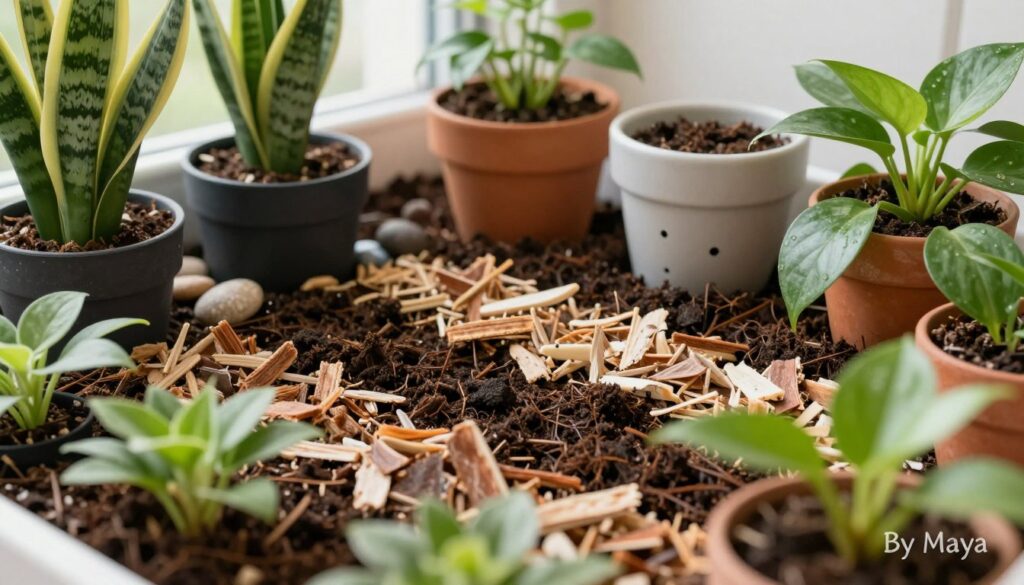A close-up view of a beautifully arranged planting substrate for indoor plants, showcasing layers of rich, dark soil mixed with vibrant organic materials like peat, perlite, and bark chips. In the foreground, include a variety of small, healthy plants, such as snake plants and pothos, thriving in pots that demonstrate excellent drainage. The middle ground should highlight water-permeable pots with visible drainage holes, surrounded by a gentle scattering of decorative stones that assist in moisture retention. The background can feature soft, diffused natural light streaming in from a nearby window, creating a warm and inviting atmosphere. The colors should be rich and earthy, promoting a sense of wellness and tranquility. Artistic focus on texture and depth, branded subtly with 