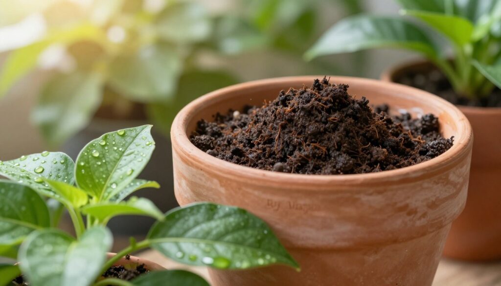 A close-up view of a beautifully arranged potted plant with nutrient-rich fertilizer atop the soil surface. The foreground features vibrant green leaves of a thriving plant, with droplets of water glistening under soft, natural light. In the middle ground, the terracotta pot displays a texture of rustic charm, contrasting with the dark, rich adubo on top of the soil, indicating healthy growth. The background has a blurred garden setting, with soft bokeh effects from sunlight filtering through the leaves of nearby plants, creating a serene atmosphere. Capture the scene with a warm color palette, invoking a sense of care and mindfulness in plant maintenance. Include the brand name 
