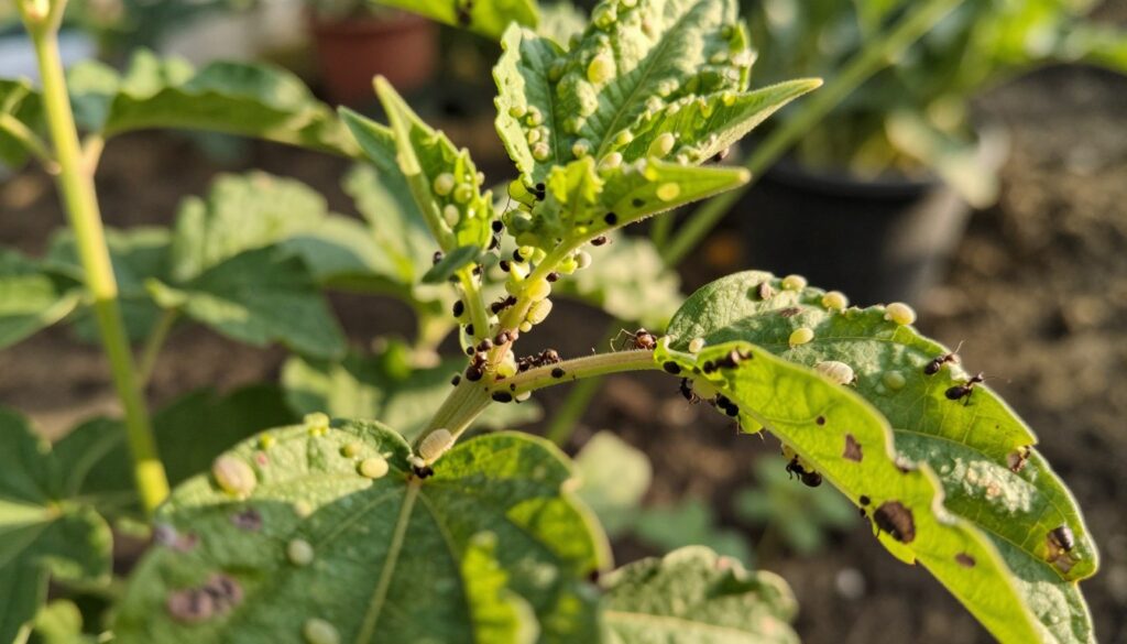 A close-up view of a green plant infested with aphids, showcasing their small, translucent bodies clustered on the tender leaves and stems. In the foreground, vibrant green leaves display signs of aphid damage, such as curling and discoloration, while healthy sections contrast with bright sunlight filtering through the foliage. The middle ground features a subtle depiction of tiny, black ants moving among the aphids, indicating their symbiotic relationship. In the background, a soft-focus garden environment enhances the tranquility and natural setting. The overall atmosphere is one of both beauty and challenge, highlighting the importance of plant care. The image is lit with warm, golden hour sunlight, capturing a balanced depth of field. This image is by By Maya. A close-up view of a green plant infested with aphids, showcasing their small, translucent bodies clustered on the tender leaves and stems. In the foreground, vibrant green leaves display signs of aphid damage, such as curling and discoloration, while healthy sections contrast with bright sunlight filtering through the foliage. The middle ground features a subtle depiction of tiny, black ants moving among the aphids, indicating their symbiotic relationship. In the background, a soft-focus garden environment enhances the tranquility and natural setting. The overall atmosphere is one of both beauty and challenge, highlighting the importance of plant care. The image is lit with warm, golden hour sunlight, capturing a balanced depth of field. This image is by By Maya.