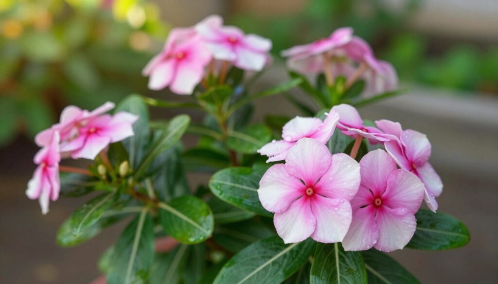 A close-up view of a healthy “Flor de Maio” plant, showcasing vibrant pink and white blooms amidst lush green foliage. In the foreground, the flowers are fully open, their delicate petals glistening with morning dew, while the leaves display a rich, deep green color. In the middle ground, more blossoms of varying sizes hint at the abundance of growth and beauty present. The background features soft, blurred foliage, suggesting a garden setting that creates a serene atmosphere. The lighting is soft and natural, with warm sunlight filtering through the leaves, casting gentle highlights and shadows. The mood is uplifting and nurturing, embodying the theme of care and attention needed to enhance the plant's flourishing capabilities. By Maya. A close-up view of a healthy “Flor de Maio” plant, showcasing vibrant pink and white blooms amidst lush green foliage. In the foreground, the flowers are fully open, their delicate petals glistening with morning dew, while the leaves display a rich, deep green color. In the middle ground, more blossoms of varying sizes hint at the abundance of growth and beauty present. The background features soft, blurred foliage, suggesting a garden setting that creates a serene atmosphere. The lighting is soft and natural, with warm sunlight filtering through the leaves, casting gentle highlights and shadows. The mood is uplifting and nurturing, embodying the theme of care and attention needed to enhance the plant's flourishing capabilities. By Maya.