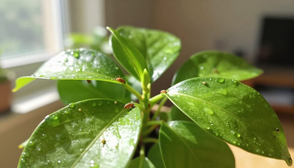 A close-up view of a healthy indoor plant with bright green leaves, focusing on small aphids clustered on the stems and undersides of the leaves. The foreground features intricate details of the aphids, showing their translucent bodies and tiny legs. In the middle ground, the vibrant green leaves glisten with dew, highlighting their health and vitality, emphasizing a stark contrast with the pests. The background is softly blurred, showcasing a cozy room filled with sunlight filtering through a window, creating a warm and inviting atmosphere. The natural lighting enhances the textures of the plant while casting gentle shadows, adding depth to the image. This composition conveys a sense of vigilance and care for plant health. By Maya. A close-up view of a healthy indoor plant with bright green leaves, focusing on small aphids clustered on the stems and undersides of the leaves. The foreground features intricate details of the aphids, showing their translucent bodies and tiny legs. In the middle ground, the vibrant green leaves glisten with dew, highlighting their health and vitality, emphasizing a stark contrast with the pests. The background is softly blurred, showcasing a cozy room filled with sunlight filtering through a window, creating a warm and inviting atmosphere. The natural lighting enhances the textures of the plant while casting gentle shadows, adding depth to the image. This composition conveys a sense of vigilance and care for plant health. By Maya.